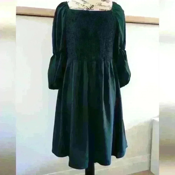 OFEEFAN  | Women's Dark Green 3/4 Puff Sleeve Square Neck Smocked Mini D… - Picture 6 of 6